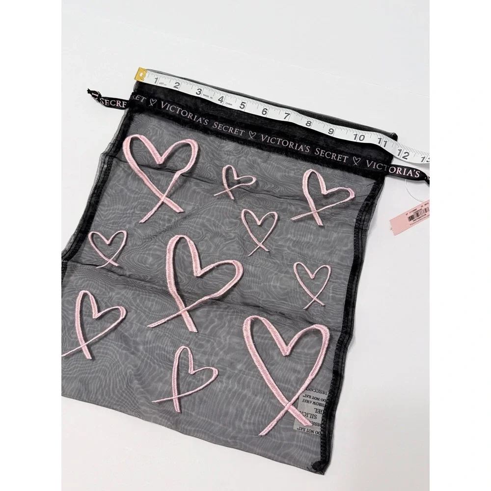 Victoria's Secret Black Mesh Heart Embroidered Lingerie Drawstring Bag NWT